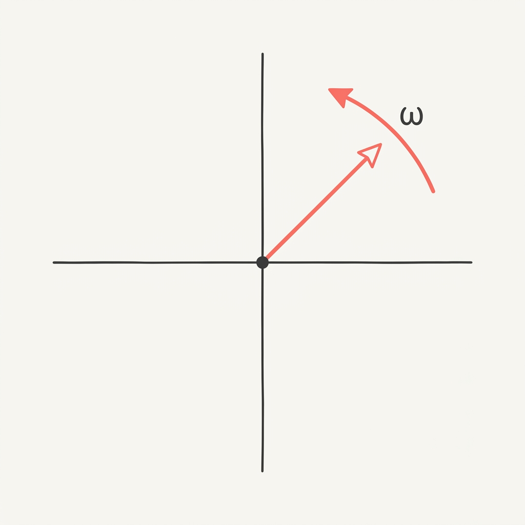 Angular velocity diagram: a rotating vector around a fixed point with curved arrow indicating rotation direction.